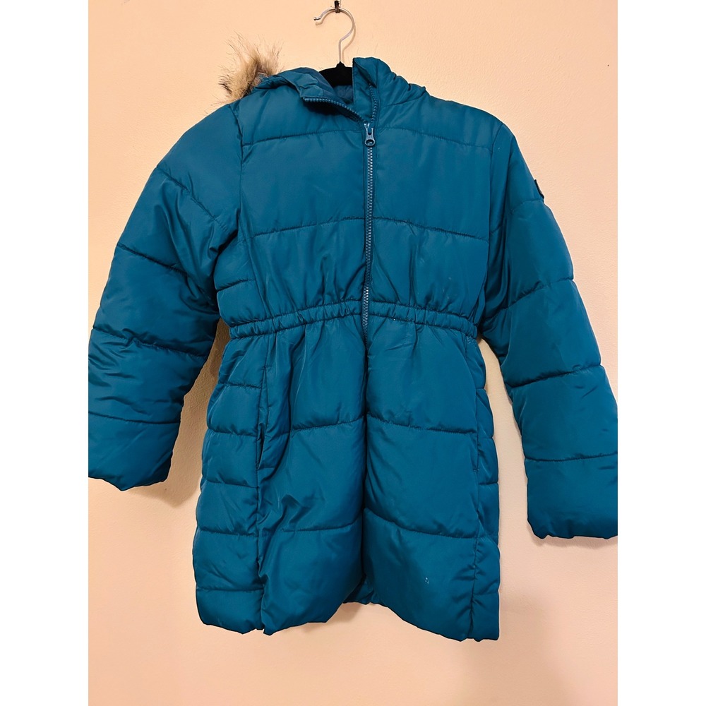 Gap Kids Puffer Parka Girls M Blue Excellent ColdControl Max Faux Fur Hood
